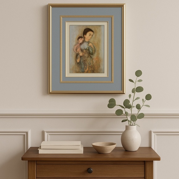 Vintage Japanese Woman Carrying Baby Print by Edna Hibel 8 x 12 Matt Frame Rare